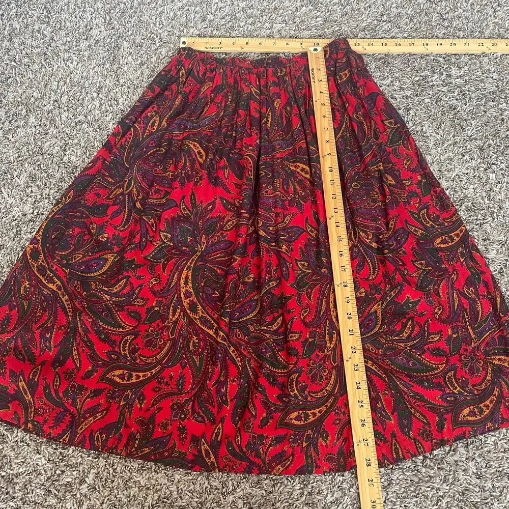 Vintage Midi Skirt Size 10 Red Paisley Pleated A Line Retro Preppy Academia 90s
